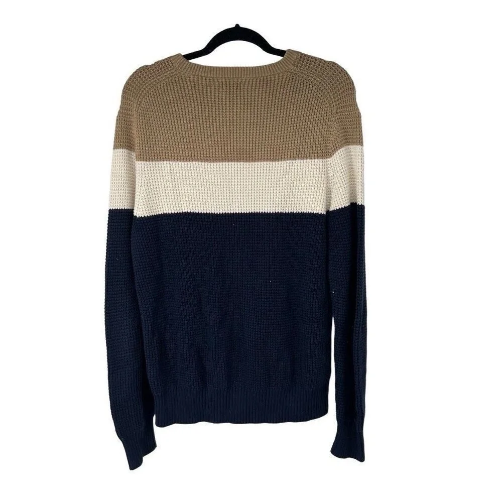 J. Crew Factory Tan White Navy Blue 100% Cotton Sweater Sz M‎ Mens